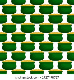 Illustration on theme Irish holiday St Patrick day, seamless pot of coins. Pattern St Patrick day of many identical coins in pot on white background. Pot for coins it main accessory for St Patrick day