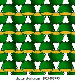 Illustration on theme Irish holiday St Patrick day, seamless pot of coins. Pattern St Patrick day of many identical coins in pot on white background. Pot for coins it main accessory for St Patrick day