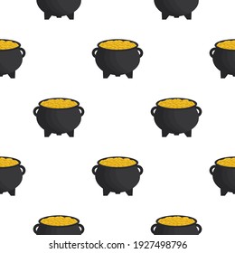 Illustration on theme Irish holiday St Patrick day, seamless pot of coins. Pattern St Patrick day of many identical coins in pot on white background. Pot for coins it main accessory for St Patrick day