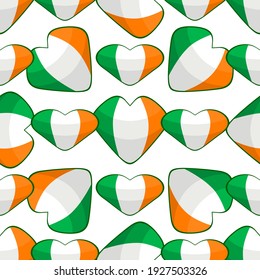 Illustration on theme Irish holiday St Patrick day, seamless color hearts. Pattern St Patrick day consisting of many identical hearts on white background. Hearts it main accessory for St Patrick day.