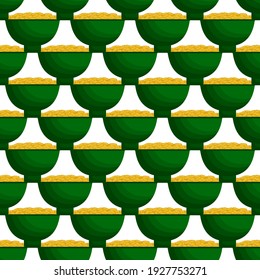 Illustration on theme Irish holiday St Patrick day, seamless pot of coins. Pattern St Patrick day of many identical coins in pot on white background. Pot for coins it main accessory for St Patrick day
