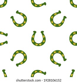 Illustration on theme Irish holiday St Patrick day, seamless horseshoes. Pattern St Patrick day consisting of identical horseshoes on white background. Horseshoes it main accessory for St Patrick day.