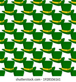 Illustration on theme Irish holiday St Patrick day, seamless headdress hats. Pattern St Patrick day consisting of many identical hats on white background. Hats it main accessory for St Patrick day.
