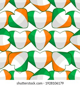 Illustration on theme Irish holiday St Patrick day, seamless color hearts. Pattern St Patrick day consisting of many identical hearts on white background. Hearts it main accessory for St Patrick day.