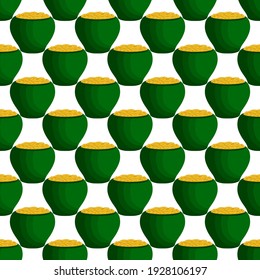 Illustration on theme Irish holiday St Patrick day, seamless pot of coins. Pattern St Patrick day of many identical coins in pot on white background. Pot for coins it main accessory for St Patrick day
