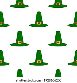 Illustration on theme Irish holiday St Patrick day, seamless headdress hats. Pattern St Patrick day consisting of many identical hats on white background. Hats it main accessory for St Patrick day.
