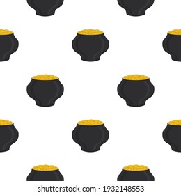 Illustration on theme Irish holiday St Patrick day, seamless pot of coins. Pattern St Patrick day of many identical coins in pot on white background. Pot for coins it main accessory for St Patrick day