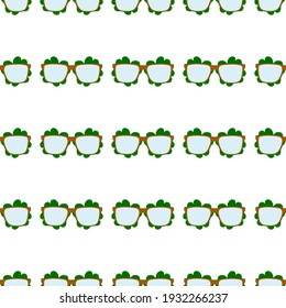 Illustration on theme Irish holiday St Patrick day, seamless eyeglasses. Pattern St Patrick day consisting of many identical eyeglasses on white background. Eyeglasses it main accessory St Patrick day