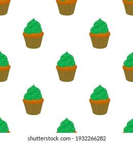 Illustration on theme Irish holiday St Patrick day, seamless green muffins. Pattern St Patrick day consisting of many identical muffins on white background. Muffins it main accessory St Patrick day.