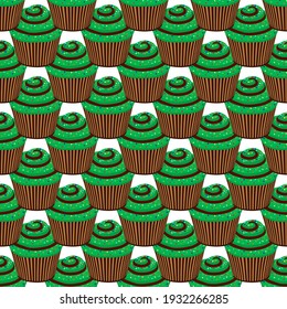 Illustration on theme Irish holiday St Patrick day, seamless green muffins. Pattern St Patrick day consisting of many identical muffins on white background. Muffins it main accessory St Patrick day.