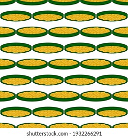 Illustration on theme Irish holiday St Patrick day, seamless pot of coins. Pattern St Patrick day of many identical coins in pot on white background. Pot for coins it main accessory for St Patrick day