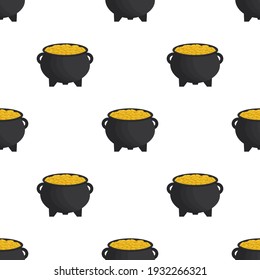 Illustration on theme Irish holiday St Patrick day, seamless pot of coins. Pattern St Patrick day of many identical coins in pot on white background. Pot for coins it main accessory for St Patrick day