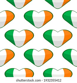 Illustration on theme Irish holiday St Patrick day, seamless color hearts. Pattern St Patrick day consisting of many identical hearts on white background. Hearts it main accessory for St Patrick day.