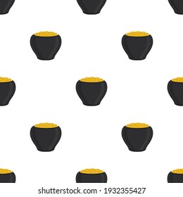 Illustration on theme Irish holiday St Patrick day, seamless pot of coins. Pattern St Patrick day of many identical coins in pot on white background. Pot for coins it main accessory for St Patrick day