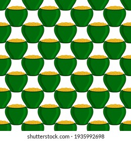 Illustration on theme Irish holiday St Patrick day, seamless pot of coins. Pattern St Patrick day of many identical coins in pot on white background. Pot for coins it main accessory for St Patrick day