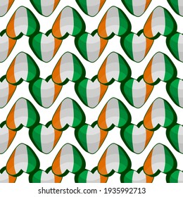 Illustration on theme Irish holiday St Patrick day, seamless color hearts. Pattern St Patrick day consisting of many identical hearts on white background. Hearts it main accessory for St Patrick day.
