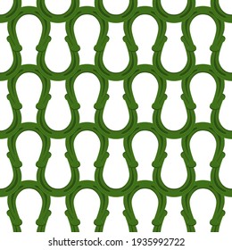 Illustration on theme Irish holiday St Patrick day, seamless horseshoes. Pattern St Patrick day consisting of identical horseshoes on white background. Horseshoes it main accessory for St Patrick day.