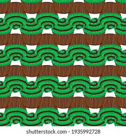 Illustration on theme Irish holiday St Patrick day, seamless green muffins. Pattern St Patrick day consisting of many identical muffins on white background. Muffins it main accessory St Patrick day.