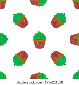 Illustration on theme Irish holiday St Patrick day, seamless green muffins. Pattern St Patrick day consisting of many identical muffins on white background. Muffins it main accessory St Patrick day.