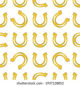 Illustration on theme Irish holiday St Patrick day, seamless horseshoes. Pattern St Patrick day consisting of identical horseshoes on white background. Horseshoes it main accessory for St Patrick day.