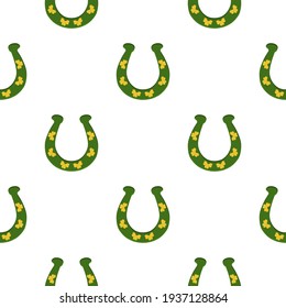 Illustration on theme Irish holiday St Patrick day, seamless horseshoes. Pattern St Patrick day consisting of identical horseshoes on white background. Horseshoes it main accessory for St Patrick day.