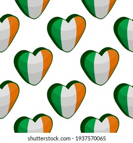 Illustration on theme Irish holiday St Patrick day, seamless color hearts. Pattern St Patrick day consisting of many identical hearts on white background. Hearts it main accessory for St Patrick day.