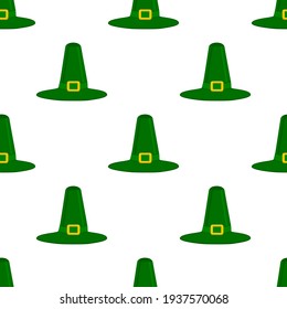 Illustration on theme Irish holiday St Patrick day, seamless headdress hats. Pattern St Patrick day consisting of many identical hats on white background. Hats it main accessory for St Patrick day.