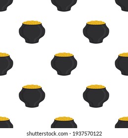 Illustration on theme Irish holiday St Patrick day, seamless pot of coins. Pattern St Patrick day of many identical coins in pot on white background. Pot for coins it main accessory for St Patrick day