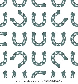 Illustration on theme Irish holiday St Patrick day, seamless horseshoes. Pattern St Patrick day consisting of identical horseshoes on white background. Horseshoes it main accessory for St Patrick day.