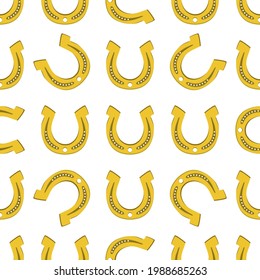 Illustration on theme Irish holiday St Patrick day, seamless horseshoes. Pattern St Patrick day consisting of identical horseshoes on white background. Horseshoes it main accessory for St Patrick day.