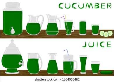 Illustration on theme kit different types pitcher, cucumber jugs various size. Pitcher consisting of organic plastic jugs for fluid cucumber. Jugs cucumber it pitcher standing on wooden kitchen table.
