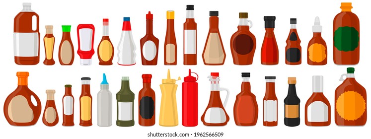 Illustration on theme kit varied glass bottles filled liquid sauce maple syrup. Bottles consisting from sauce maple syrup, empty labels for titles. Sauce maple syrup in full bottles with plastic cork.