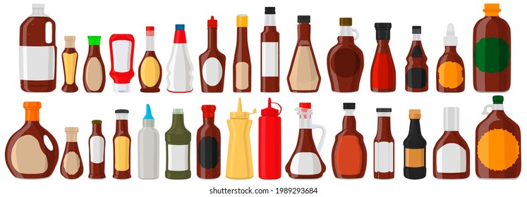 Illustration on theme kit varied glass bottles filled liquid sauce chipotle. Bottles consisting from chipotle sauce, empty labels for titles. Сhipotle sauce in bottles with plastic cork to fast meal.