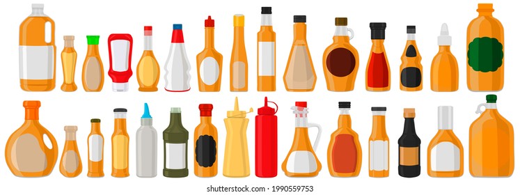 Illustration on theme kit varied glass bottles filled liquid cocktail syrup. Bottles consisting from cocktail syrup, empty labels for titles. Cocktail syrup in full bottles with plastic cork to meal.