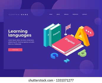 Illustration on theme of learning and teaching of foreign languages. Textbooks in French and English, England flag and letters of Latin alphabet. Homepage. 3D isometric flat design. Landing Page.