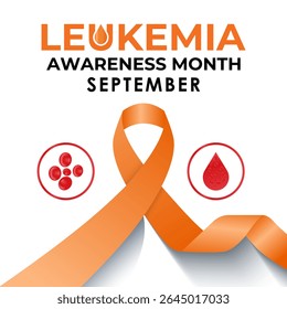 Ilustración sobre el tema del mes de concienciación sobre la leucemia con una cinta de color naranja. Asistencia de la lucha contra el cáncer de sangre. Fomentar las donaciones de sangre y médula ósea. Afiche de Anuncio, diseño de redes sociales.