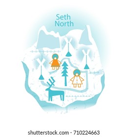 Illustration on the theme of life in the North, people in national costumes, deer and swine