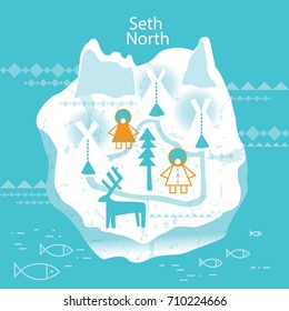 Illustration on the theme of life in the North, people in national costumes, deer and swine