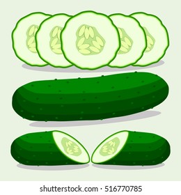 Illustration on theme long ripe green vegetable slice cucumber for tasty vitamin salad, set green cucumber consisting of slice raw food, eat fresh green slice cucumber on health from rural farmland