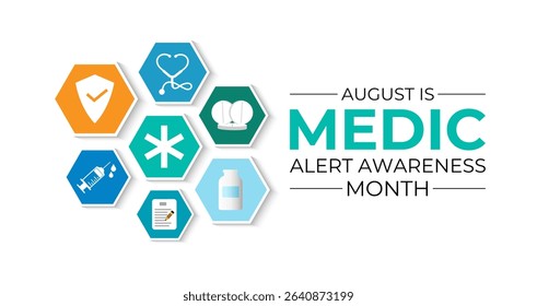Illustration on the theme of Medic Alert Awareness Month. Promote Emergency Medical ID Safety. Creating for web banner, cards, prints, social media, poster, flyer and background design template.