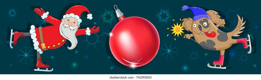 Illustration on the theme of new year and Christmas, Santa Claus and a symbol of the year of the dog on skates on a dark background with snowflakes