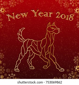 Illustration on the theme of New year Chinese ,character dog on a Burgundy background with snowflakes and the words, a contour of the animal