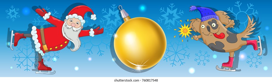 Illustration on the theme of new year and Christmas, Santa Claus and a symbol of the year of the dog on skates on a blue background with snowflakes