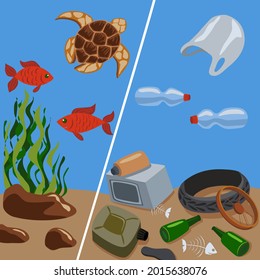 Illustration on the theme of ocean pollution. On the left is clean ocean, on the right is dirty.