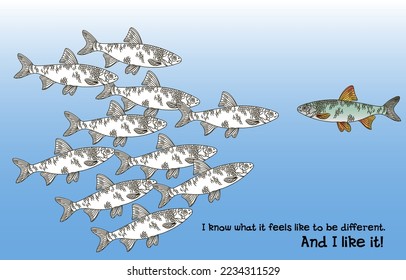 Illustration on the theme of one against all. When you are different from others. Colorless fish versus colored. Print as a postcard, banner, flyer. Lifestyle. Printing on textiles and paper