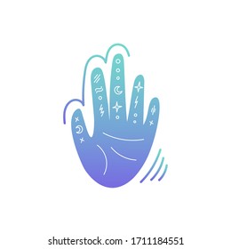 Illustration on the theme of palmistry. The hand with the signs, the moon and the stars. Vector illustration isolated on a white background.