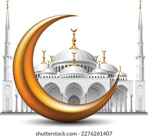 Die Illustration zum Thema Ramadan. Große goldene Mond und weiße Moschee auf weißem Hintergrund. 3D-Vektorgrafik. Hochdetaillierte realistische Illustration