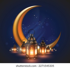 Illustration on the theme of Ramadan. Many of oriental carved lamps  stands against the background of the golden moon and the starry sky. 3D vector. High detailed realistic illustration.