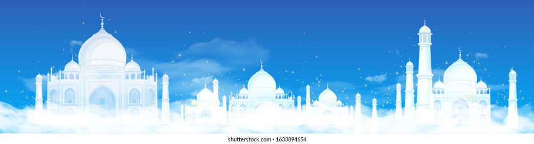Illustration on the theme of Ramadan. Mosques on a background of blue sky with stars and transparent clouds. 3D vector. High detailed realistic illustration.