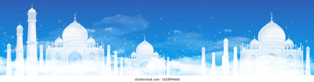 Illustration on the theme of Ramadan. Mosques on a background of blue sky with stars and transparent clouds. 3D vector. High detailed realistic illustration.